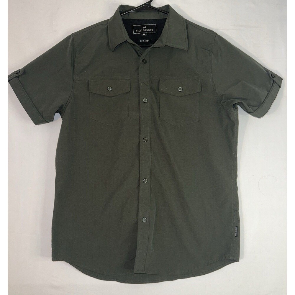 Nick Danger Men’s Short Sleeve Utility Shirt Size M Olive Green Roll Tab Pockets